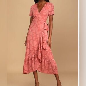 Lulu's Rusty Rose Jacquard Romantic Timeless Wrap Midi Dress XS NWT